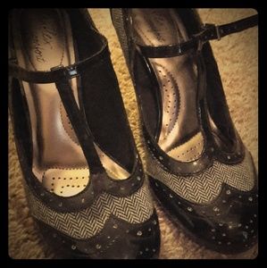 Black and Gray T-Strap Heels